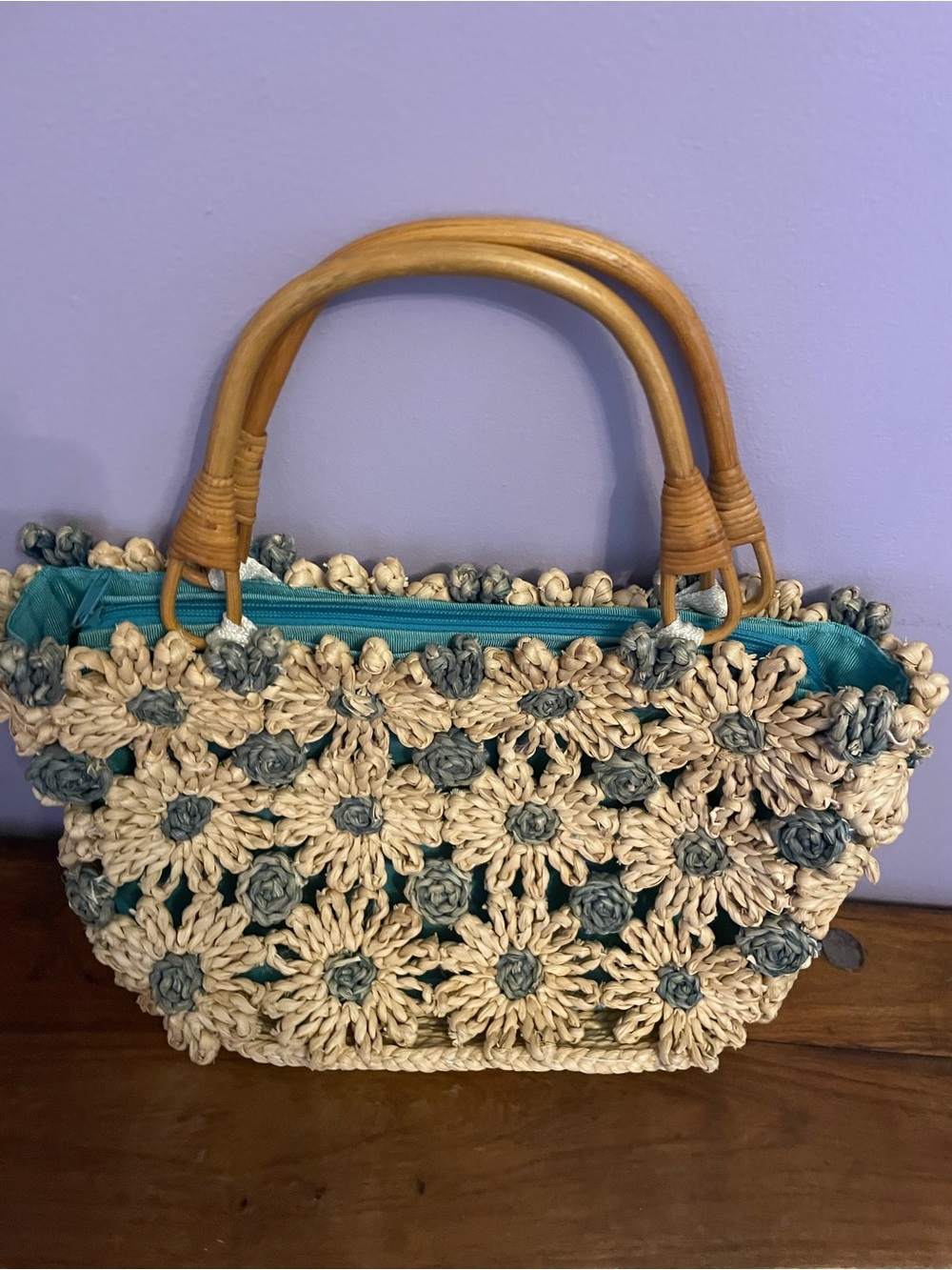 Handwoven Cream and Teal Floral Crochet Tote Bag with Bamboo Handles